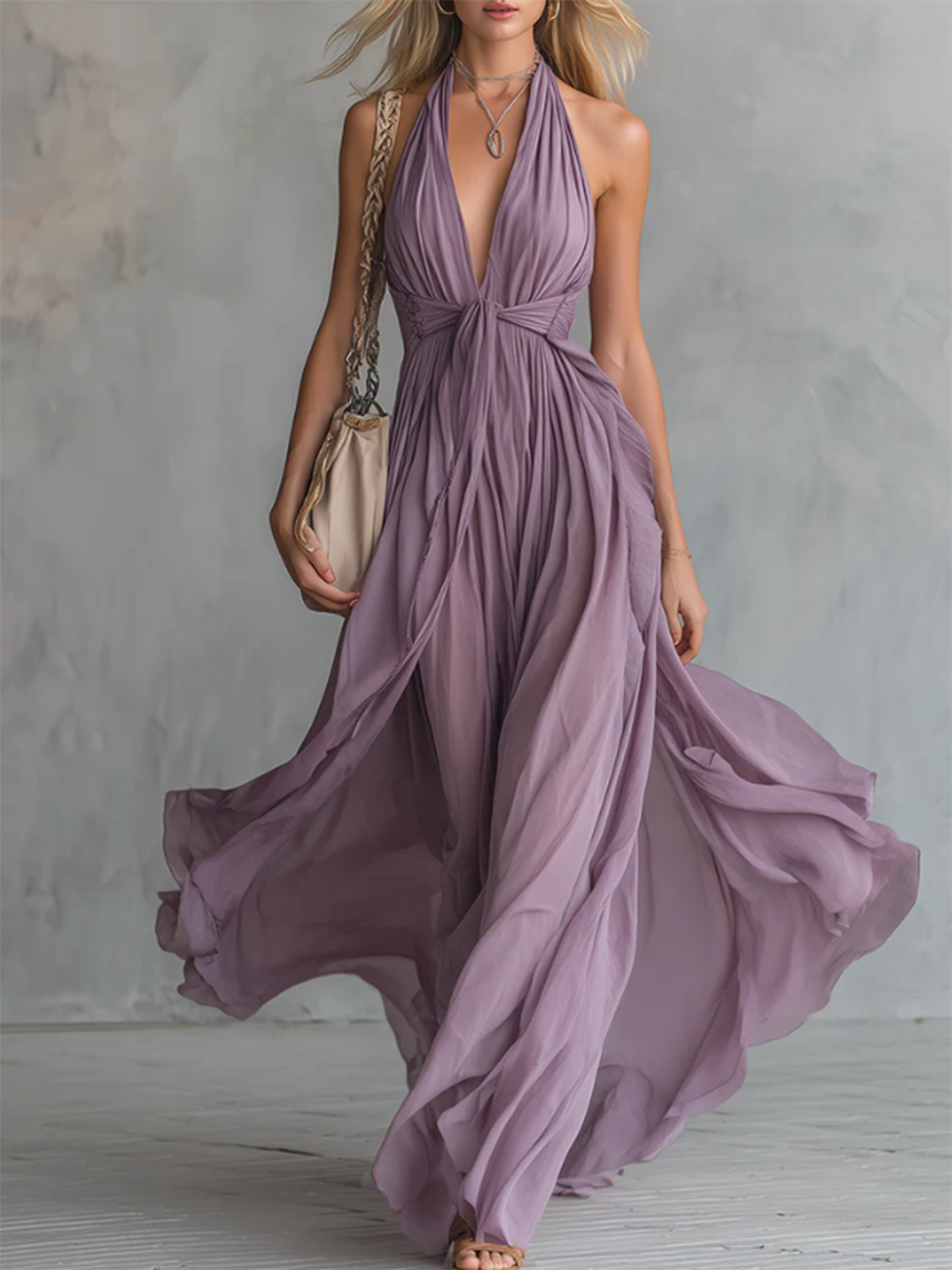 Elegant & Flowy V-neck Waist-tie Maxi Dress
