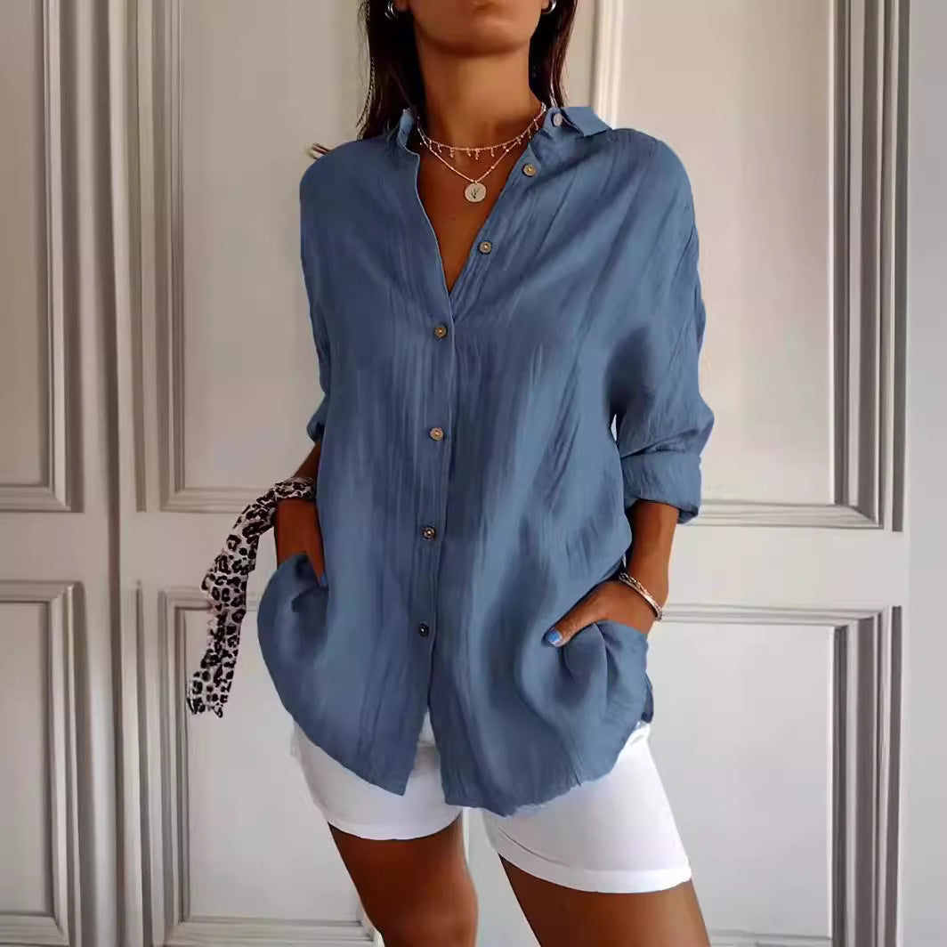 Casual Single Breasted Pleated Lapel Solid Color Cotton Linen Shirt
