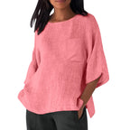 3/4 Sleeved Round Neck Pocket Loose Casual Shirt