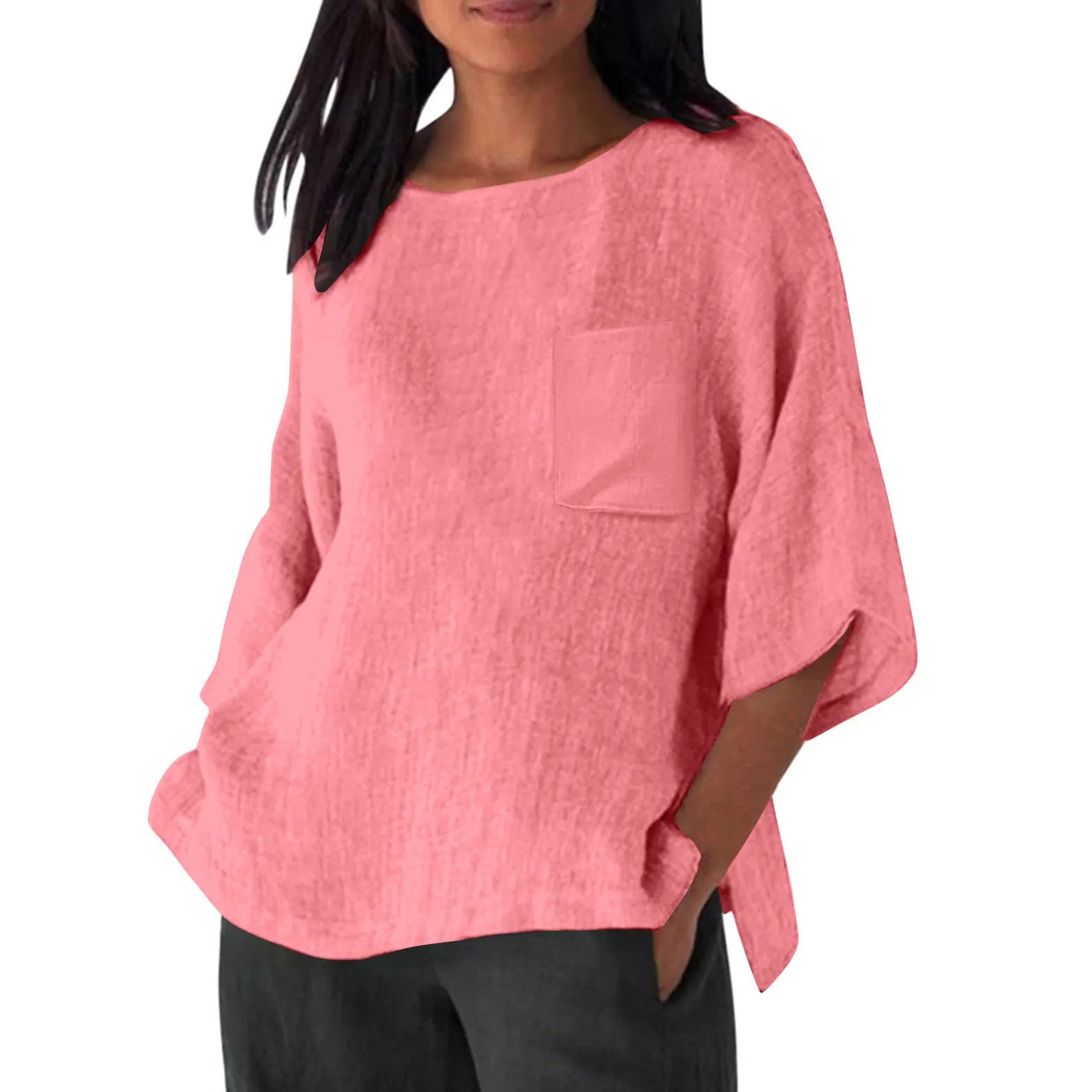 3/4 Sleeved Round Neck Pocket Loose Casual Shirt