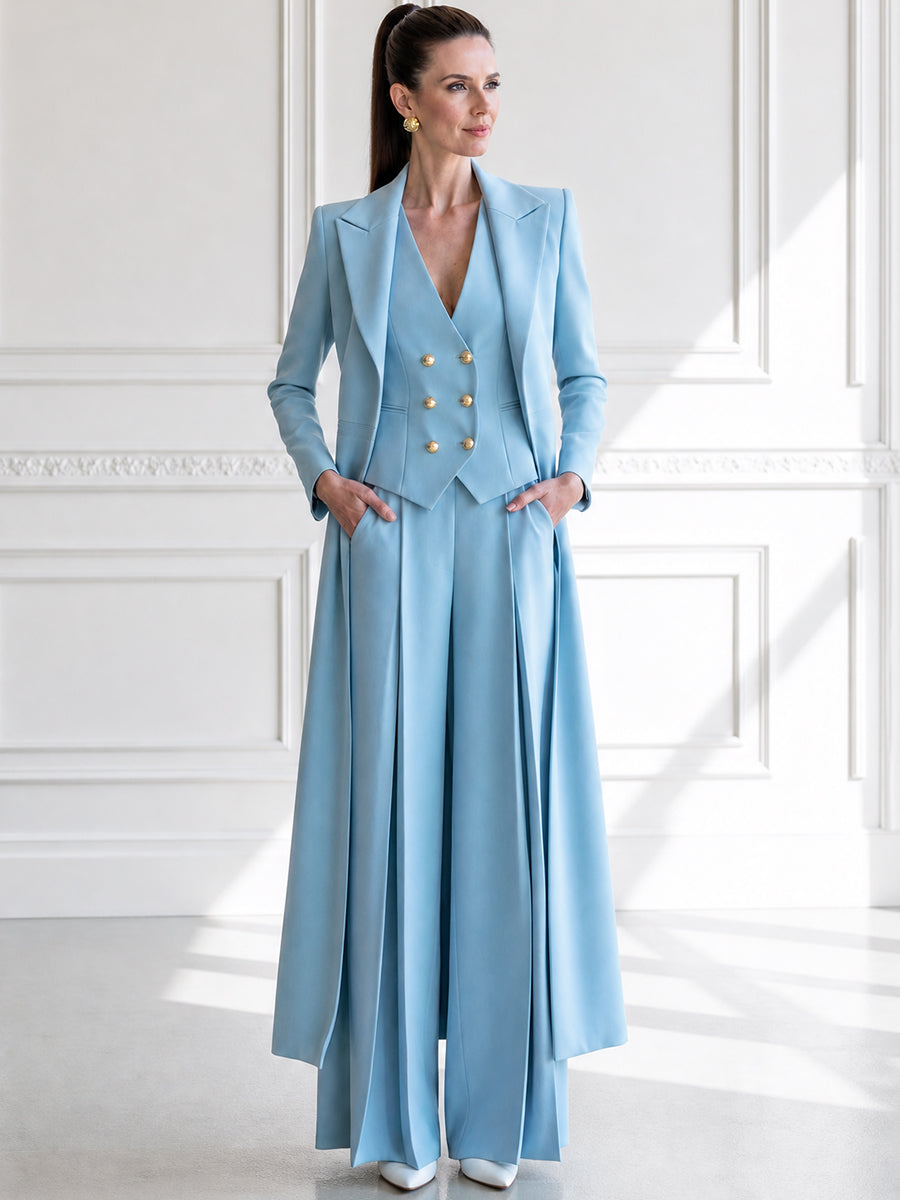 Elegant Long Blazer Vest & Wide-Leg Pants Three-Piece Suit Set