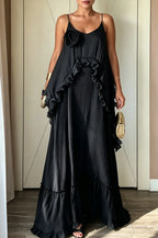 Women's Casual Loose Ruffle 3D Flower Decoration Maxi Dress