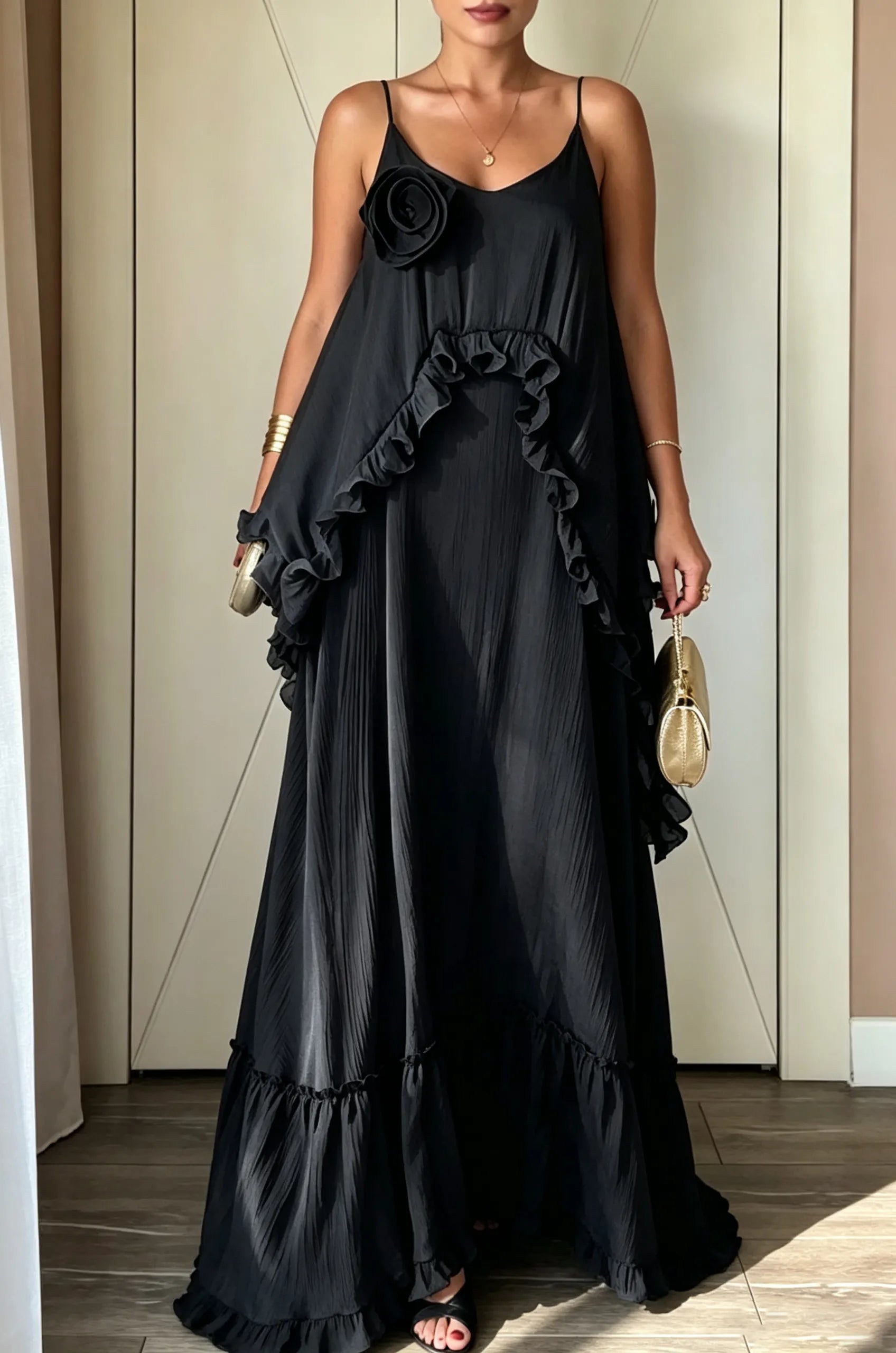 Women's Casual Loose Ruffle 3D Flower Decoration Maxi Dress