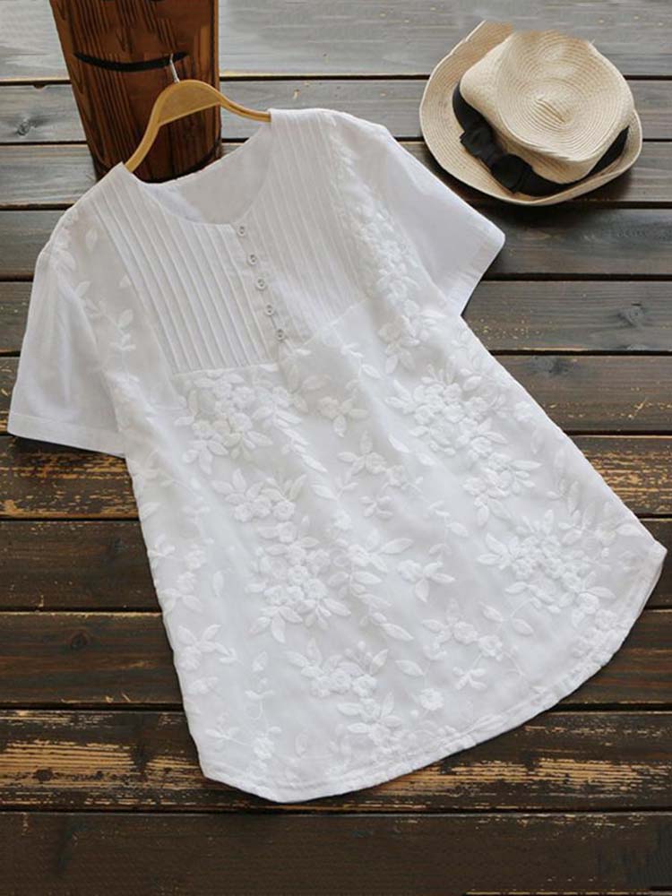 Vintage Lace Floral Pleat Short Sleeve Comfy Blouse