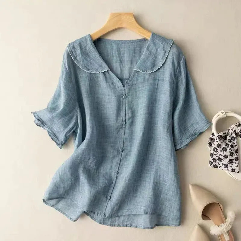 Women's Casual Lapel Linen Solid Shirt