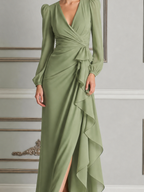 Green Dress Fall Wedding Guest Dress Wrap Ruffle Slit Maxi Dress