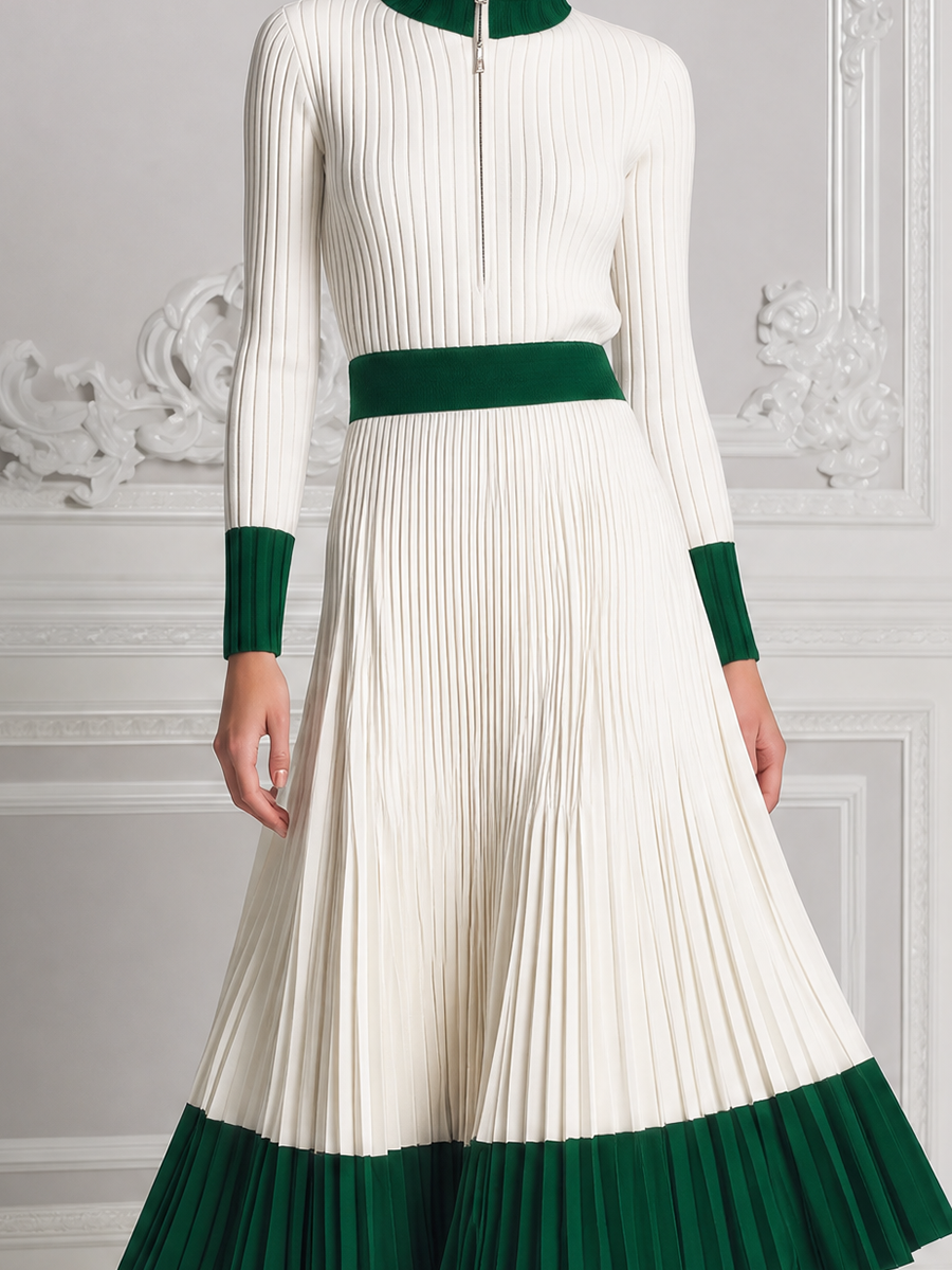 White Dress Preppy Stockholm Style Contrast Ribbed Knit Pleated Midi Dress
