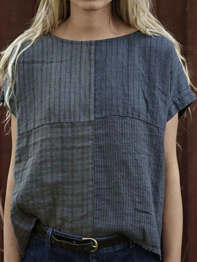 Women's Vintage Striped Linen Blend Crew Neck Shirt