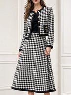 Houndstooth Tweed Crop Jacket & Midi Skirt Two Piece Set