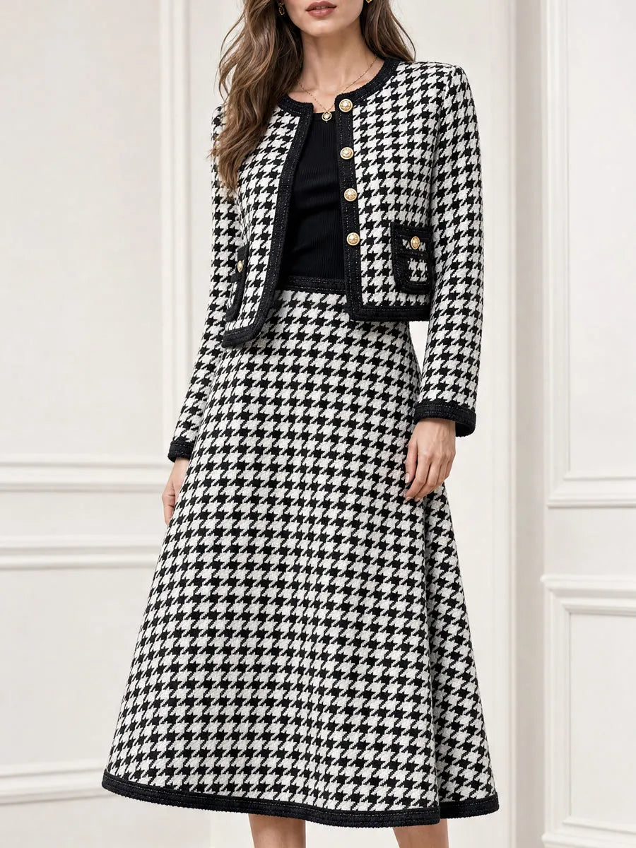 Houndstooth Tweed Crop Jacket & Midi Skirt Two Piece Set