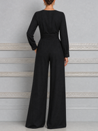 Black Fall Fashion Wrap V-Neck Wide Leg Jumpsuit