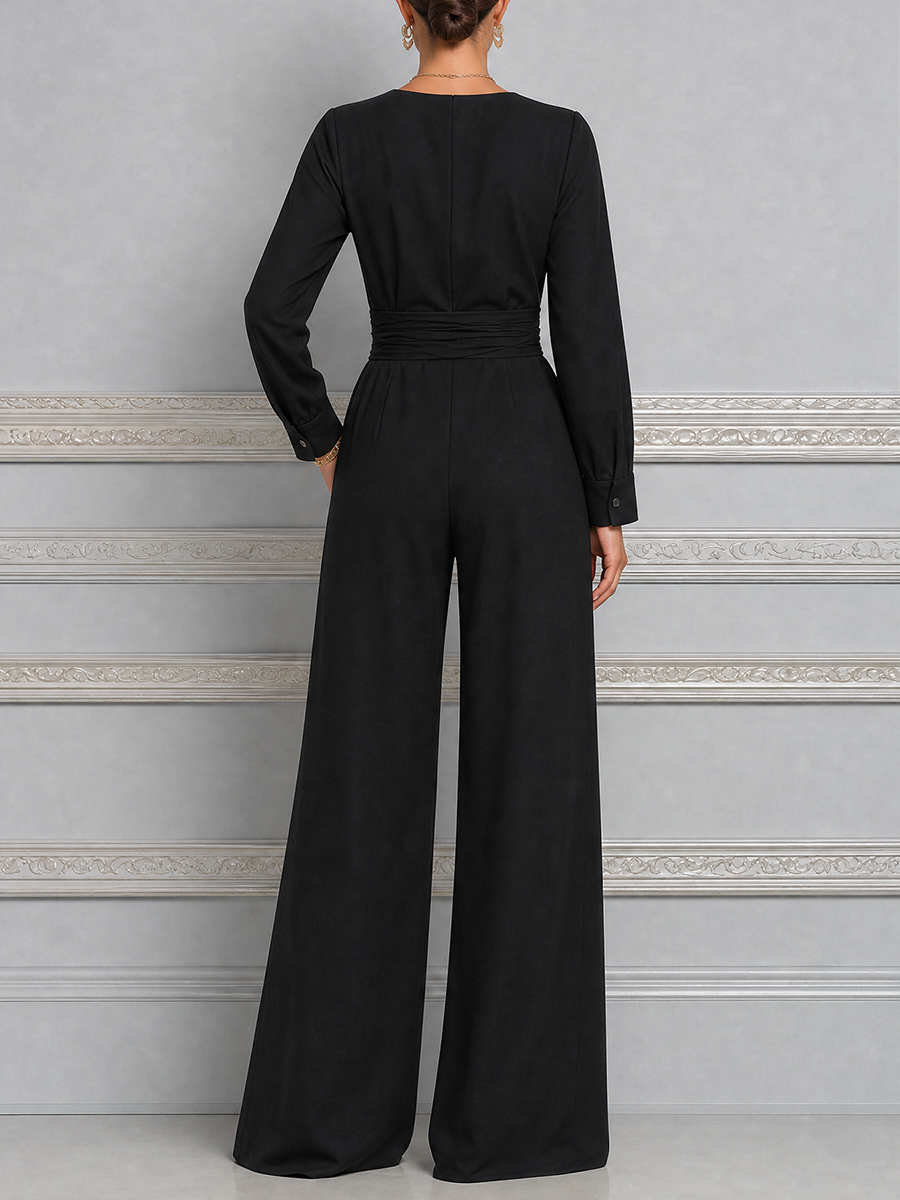 Black Fall Fashion Wrap V-Neck Wide Leg Jumpsuit