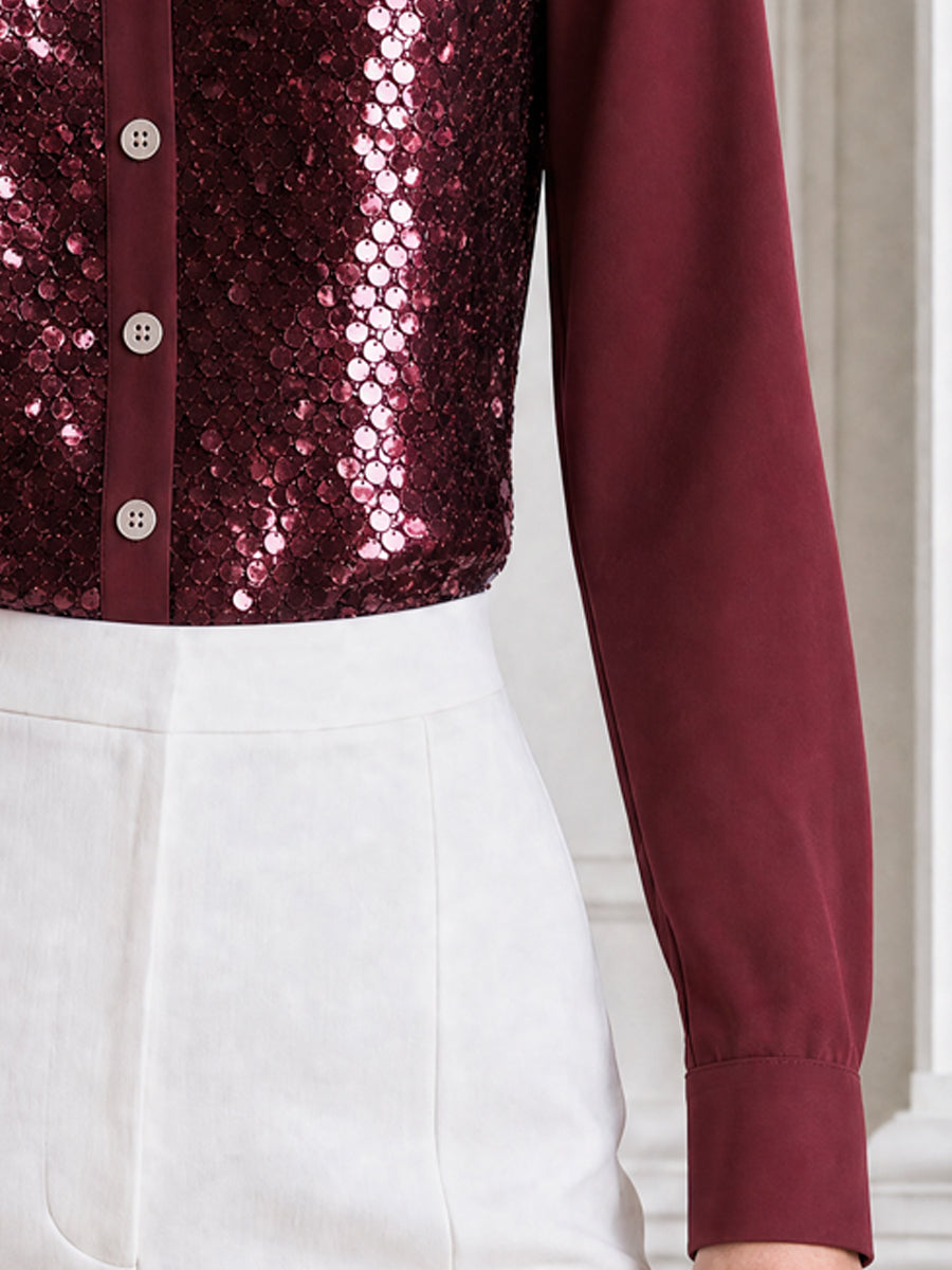 Burgundy Sequin-Front Button-Up Satin Sleeves Shirt