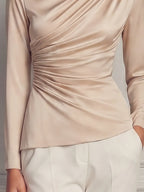 Champagne Satin High Neck Ruched Long Sleeve Blouse