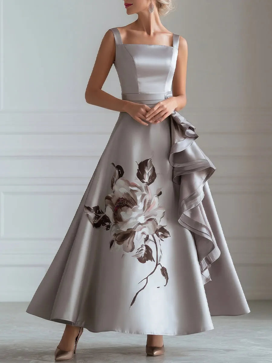 Sculptural Floral Ruffle Satin Evening Gown