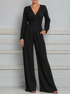 Black Fall Fashion Wrap V-Neck Wide Leg Jumpsuit