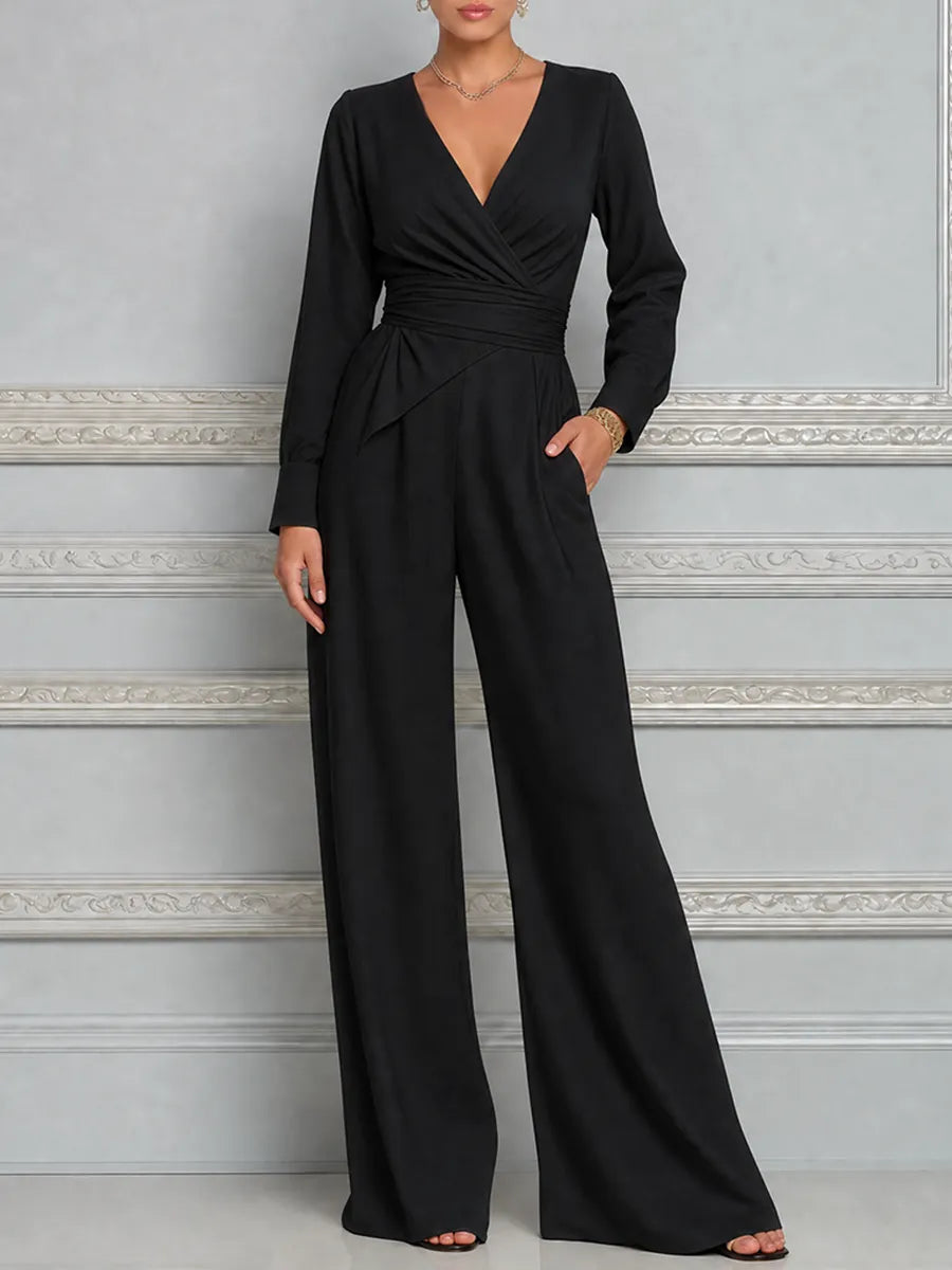 Black Fall Fashion Wrap V-Neck Wide Leg Jumpsuit