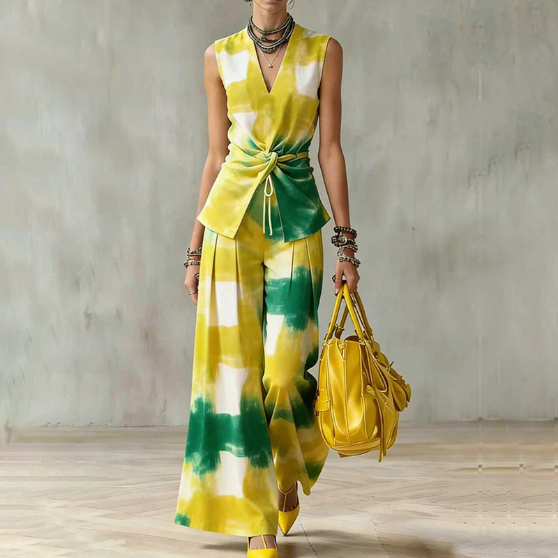 Elegant Abstract Print V-neck Sleeveless Shirt And Wide Leg Pants Two Piece Set