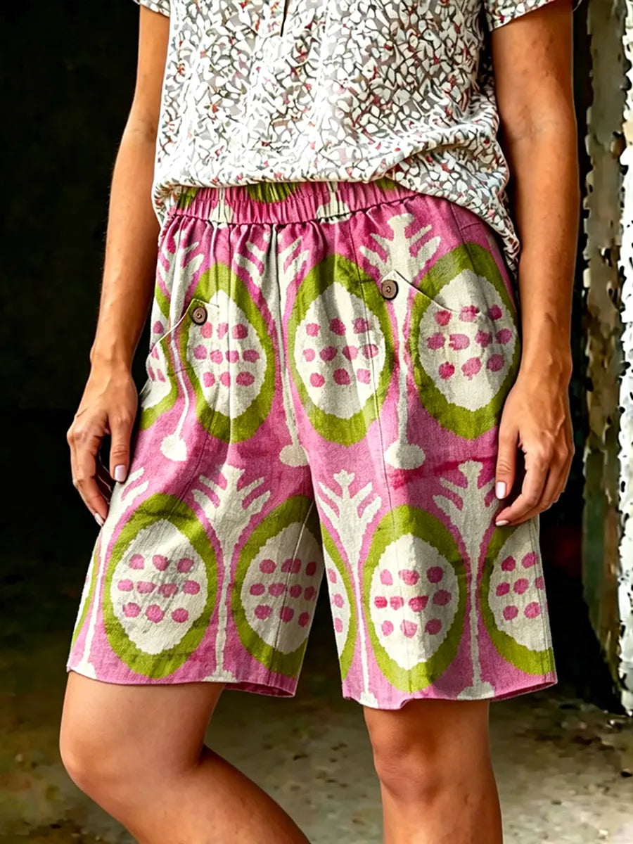 Women's Casual Loose Fit Retro-patterned Printed Cotton Shorts