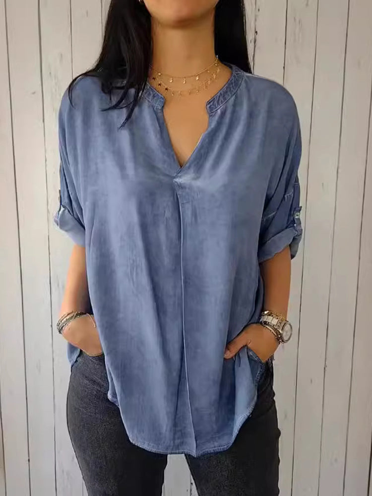 V Neck Linen Blend Loose Fit Casual Shirt