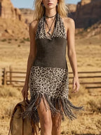Cotton Blend Leopard Print Fringe Halter Dress With Knit Top And Asymmetrical Hem For Women