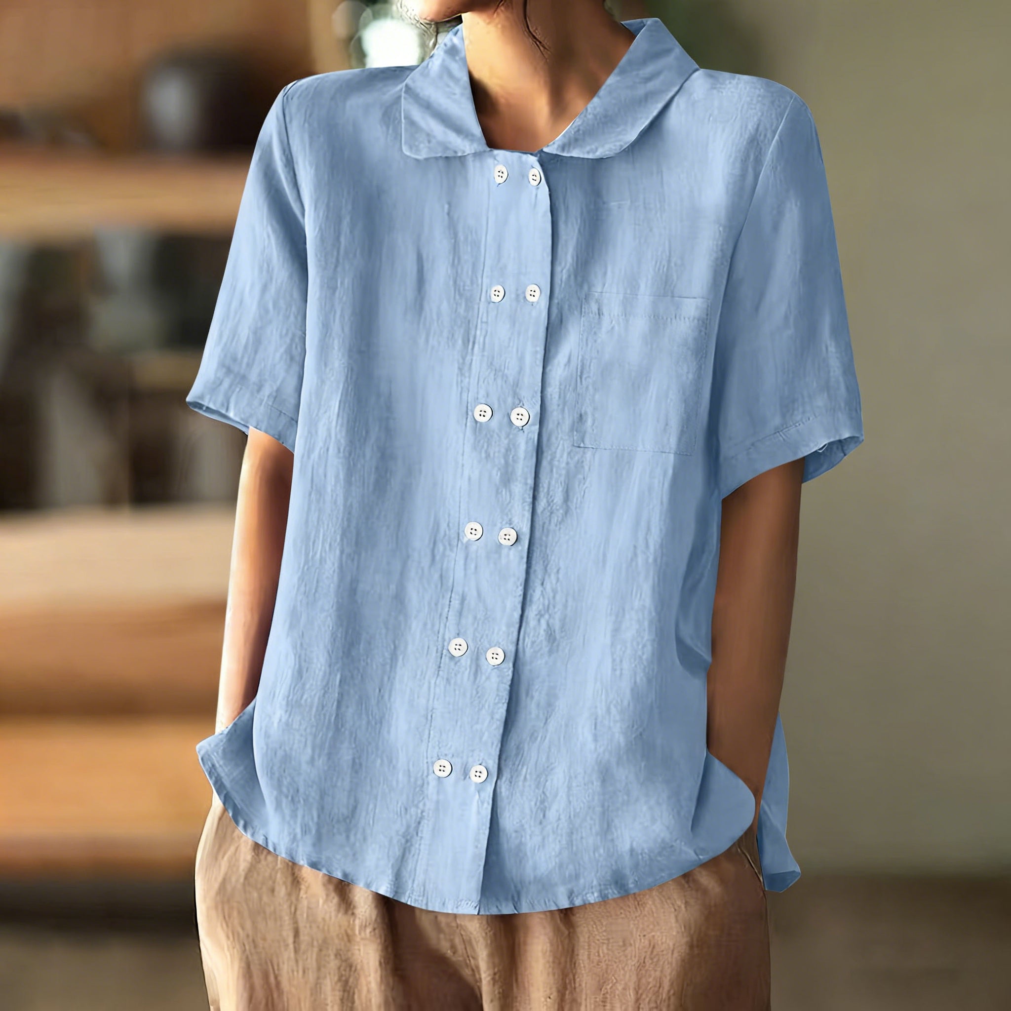 Women Loose Button Down Plain Cotton Linen Short Sleeve Blouse