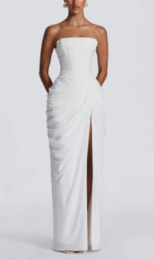 Chiffon Back Lace-up Asymmetrical Pleats Strapless Slit Maxi Dress