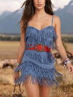 Faux Suede Fringe Mini Dress With Adjustable Straps And Belted Waist For Boho Style