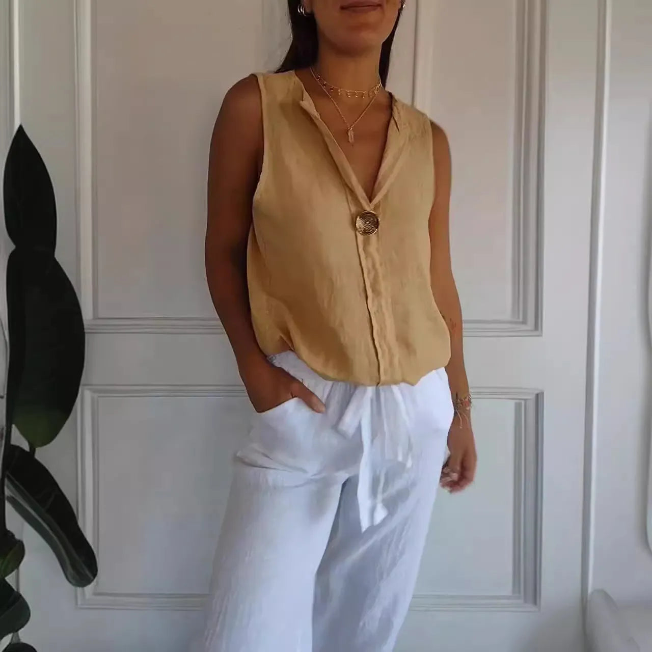 Casual cotton and linen sleeveless button v-neck top