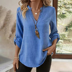 Women's Vintage Cotton Linen V-neck Long-sleeve Shirt