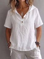 Women's Temperament Hooded Top Loose Short-sleeved Half-open Placket Covering Meat Shirt
