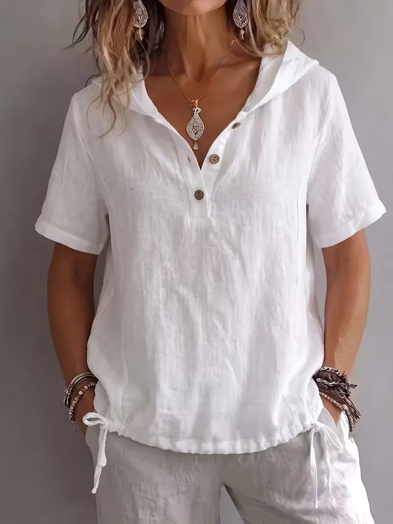 Women's Temperament Hooded Top Loose Short-sleeved Half-open Placket Covering Meat Shirt