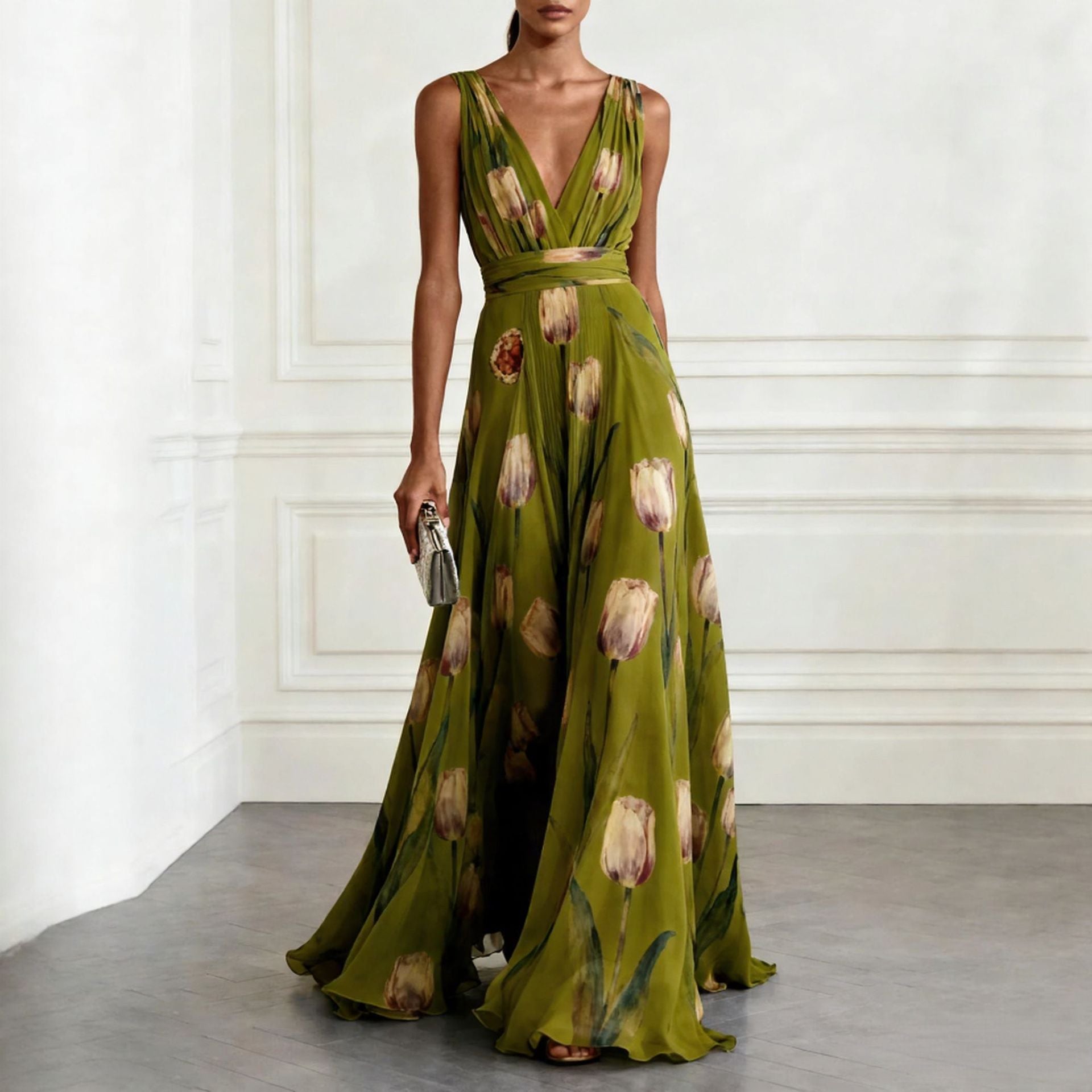 Elegant Tulip Print V-neck Maxi Dress