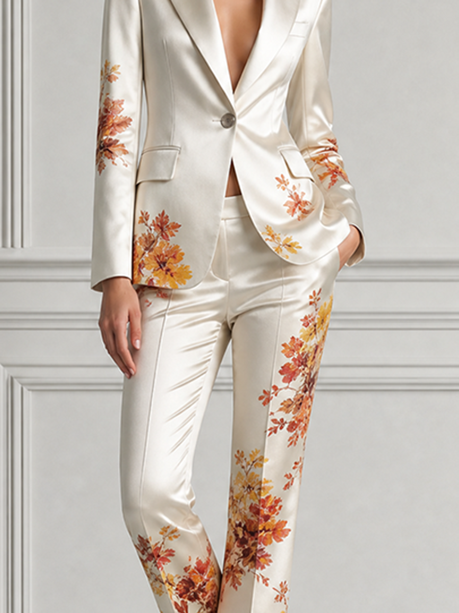 Ivory Fall Wedding Guest Floral Satin Blazer & Flare Pants Set
