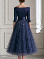 Off Shoulder Satin Sequin Tulle A Line Midi Dress