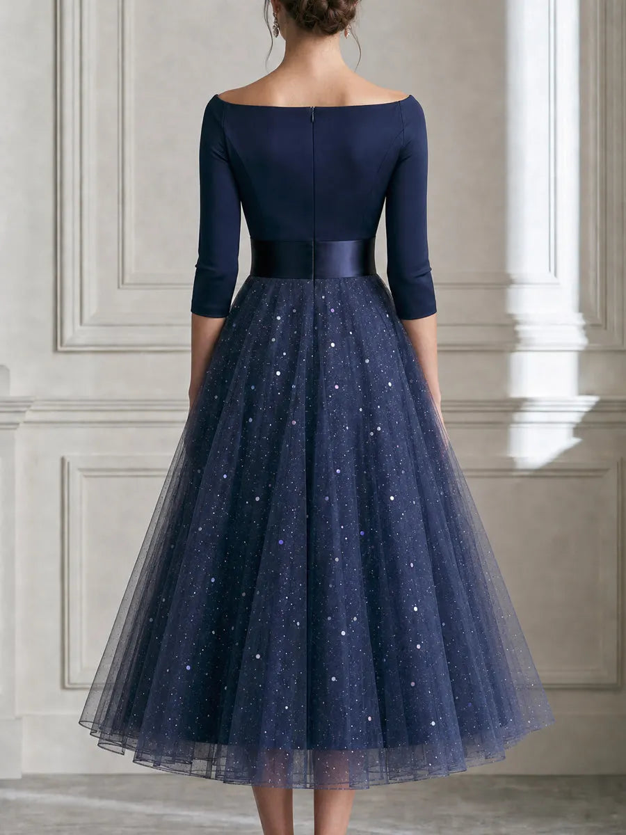Off Shoulder Satin Sequin Tulle A Line Midi Dress