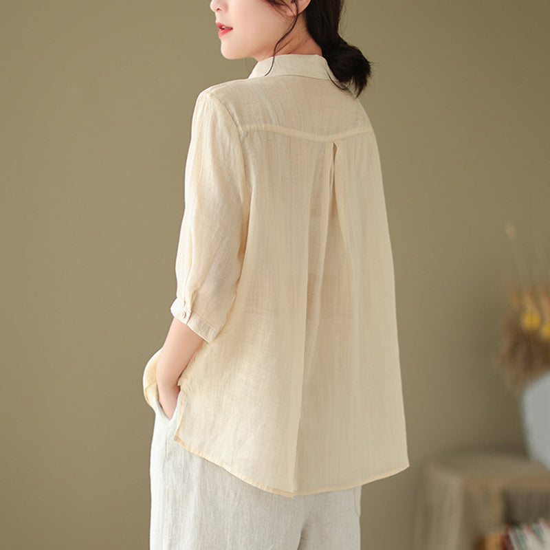 Women's Embroidery Button Down Cotton Linen Casual Shirt