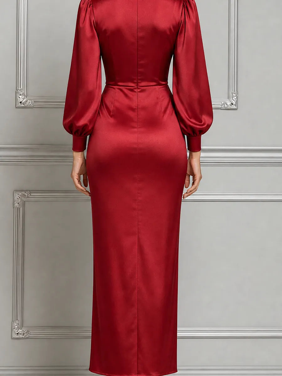 Red Dress Fall Wedding Guest Dress Satin Puff Sleeve Maxi Dress