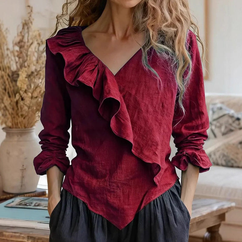 Women's Elegant Ruffled Cotton Linen Top