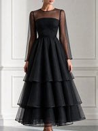 Elegant Sheer Sleeve Tiered Organza Midi Dress