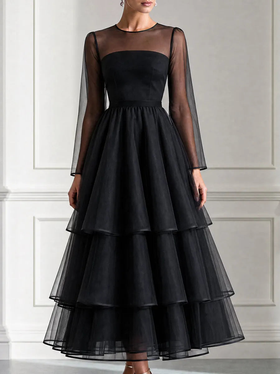 Elegant Sheer Sleeve Tiered Organza Midi Dress
