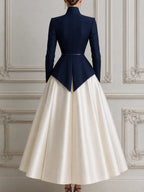 Navy Stand Collar Peplum Jacket &  A-Line Midi Skirt Two-Piece Suit Set