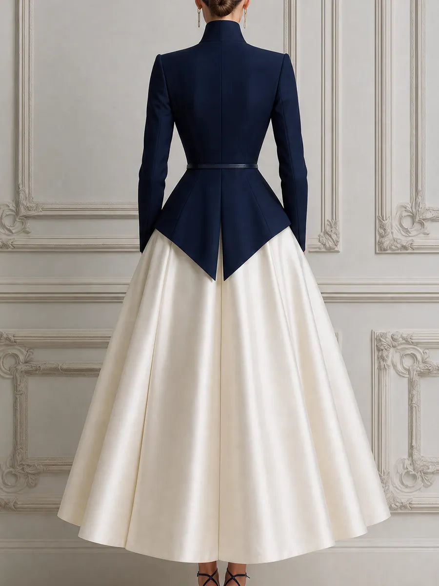 Navy Stand Collar Peplum Jacket &  A-Line Midi Skirt Two-Piece Suit Set