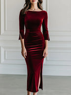 Velvet Boat Neck Pearl Cuff Slit Midi Bodycon Dress