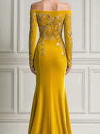 Golden Yellow Off Shoulder Embroidered Mermaid Satin Maxi Dress