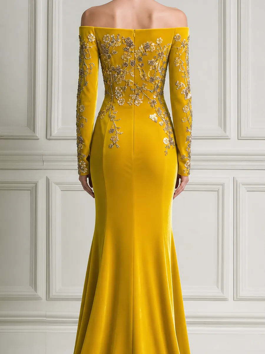 Golden Yellow Off Shoulder Embroidered Mermaid Satin Maxi Dress