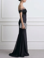 Off Shoulder Tulle Trim Satin Mermaid Evening Gown