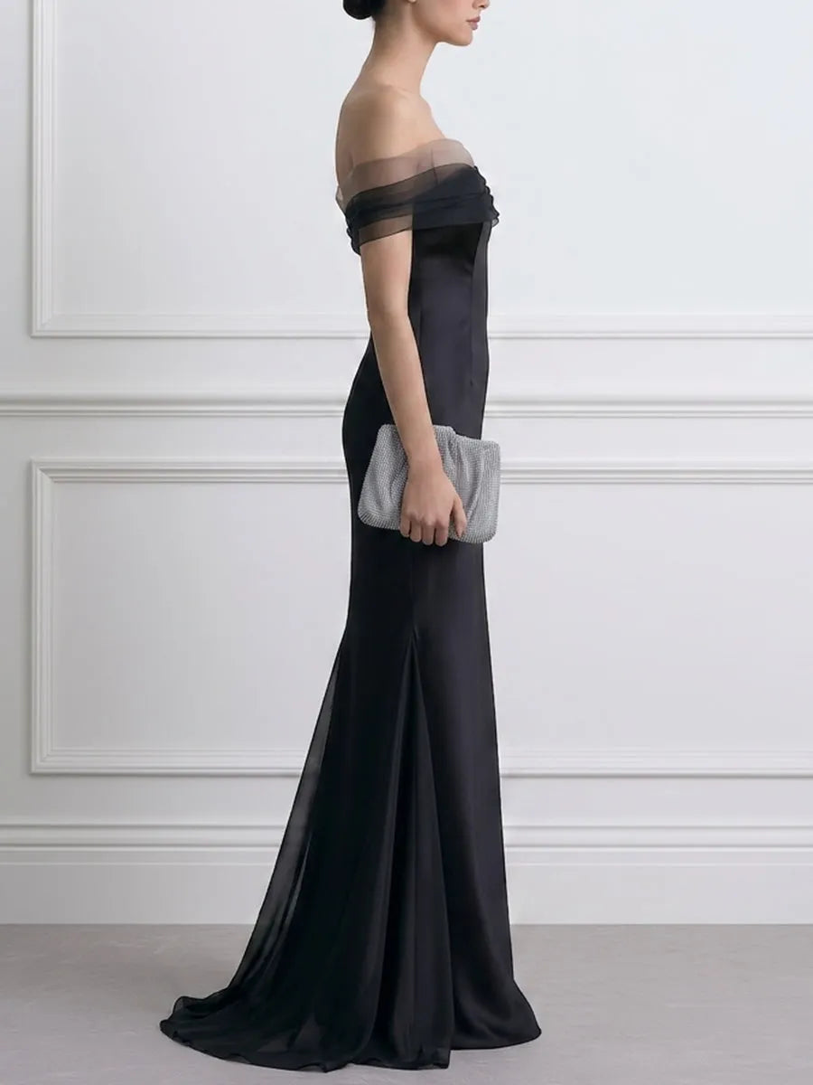 Off Shoulder Tulle Trim Satin Mermaid Evening Gown