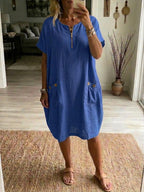 Casual Loose Half-zip Linen And Cotton Dress