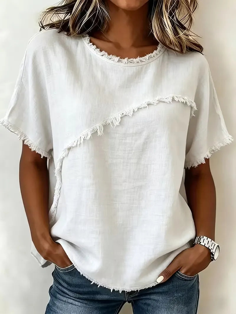 Women's Vintage Casual Round Neck Fringed Short-sleeved Top